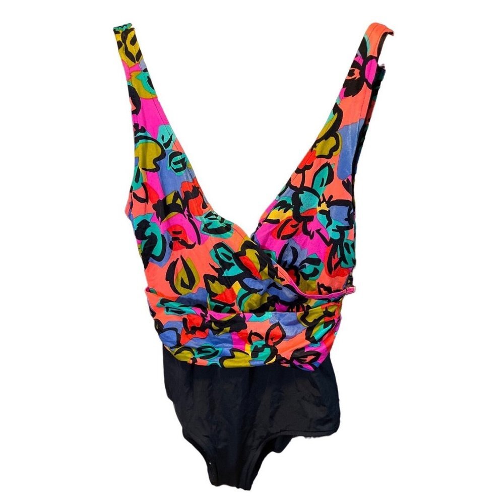 Catalina Colorful One Piece V Neck Loose Fabric Swimsuit Sz 16